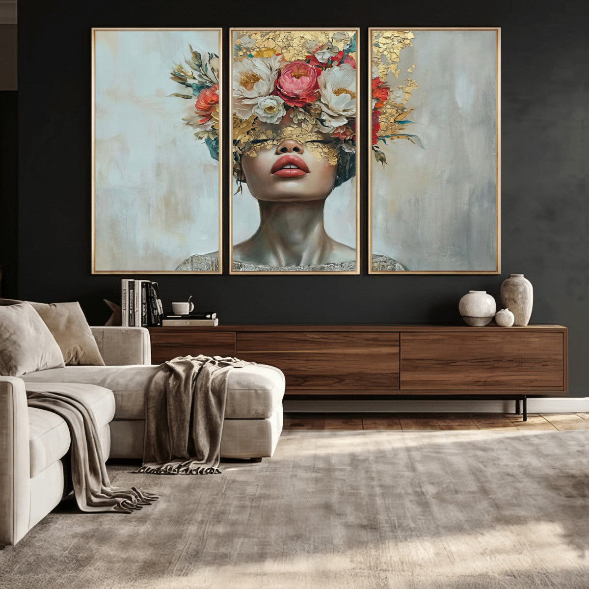 Golden Petal Wall Art Canvas Print - Silhouette Woman Wall