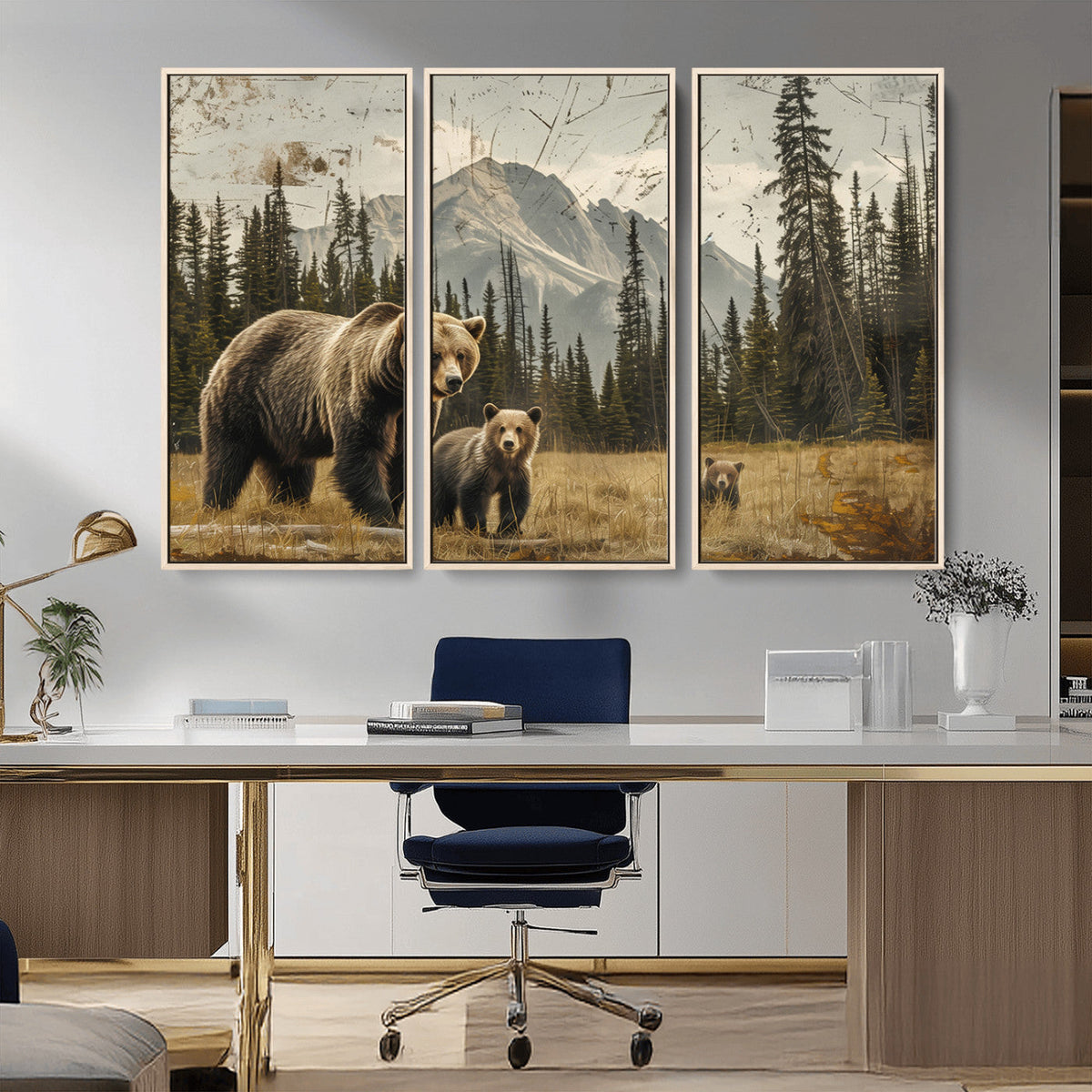 Rustic Grizzly 399 Bear Family Wall Art Canvas Print