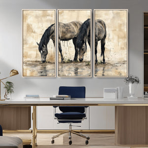 Chinese Style Abstract Black Horses Wall Art Canvas Print -