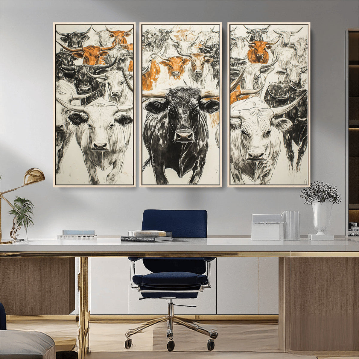 Farmhouse Wall Art | Western Longhorn Cattle Canvas Print |