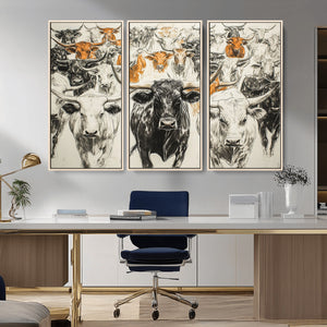 Farmhouse Wall Art | Western Longhorn Cattle Canvas Print |