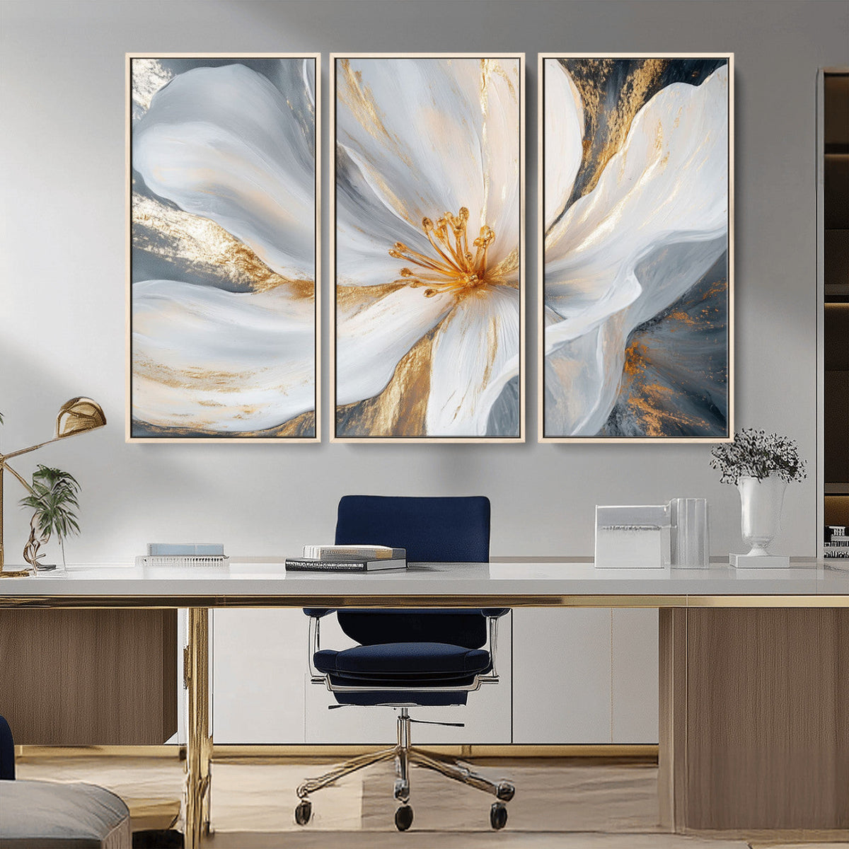 White and Gold Floral Canvas Wall Art - Framed and Ready to