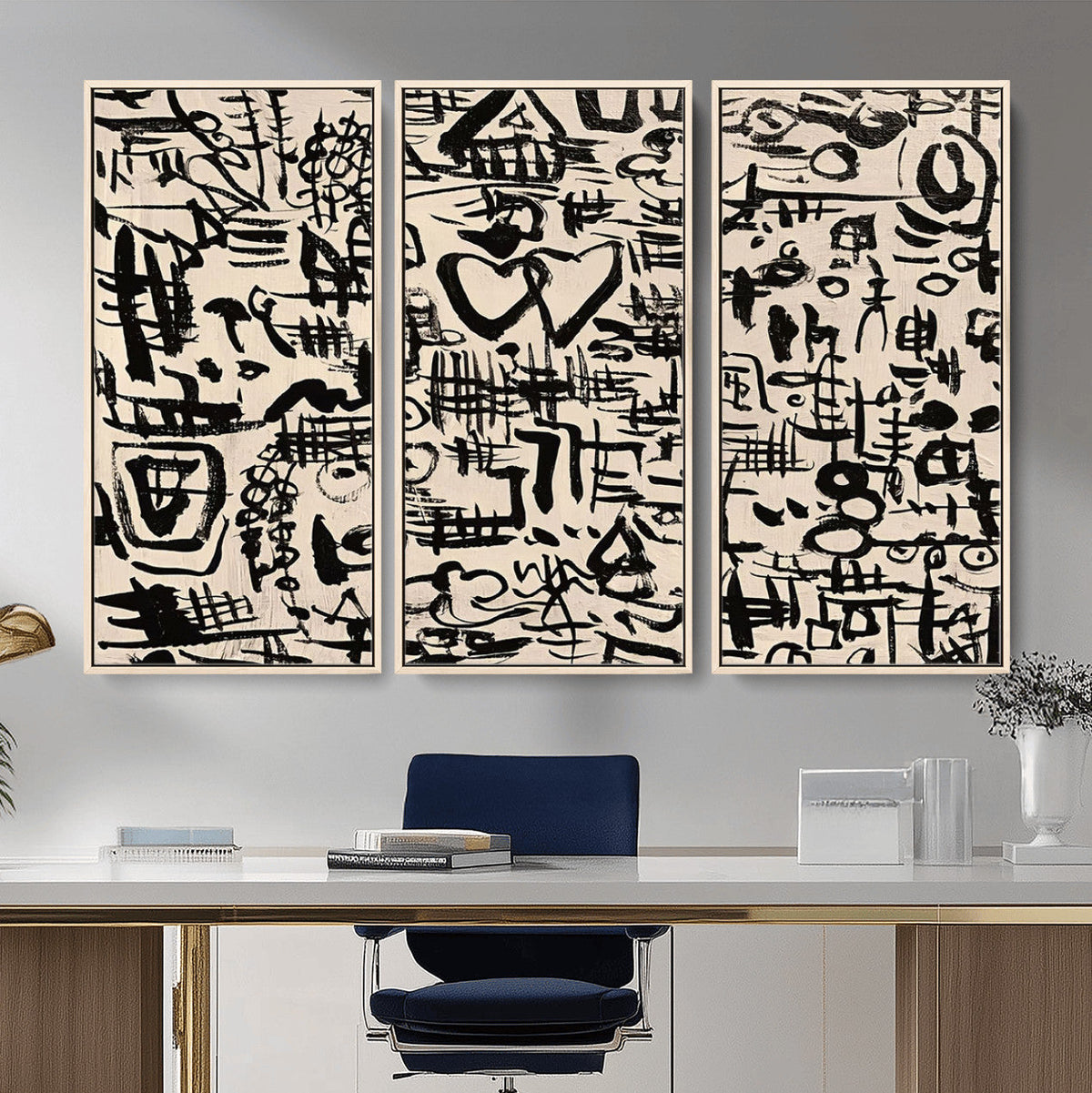 Abstract Love and Chaos Canvas Print, Black Symbols on Beige