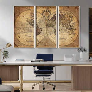 Vintage World Map Wall Art Canvas – Antique Style Push Pin