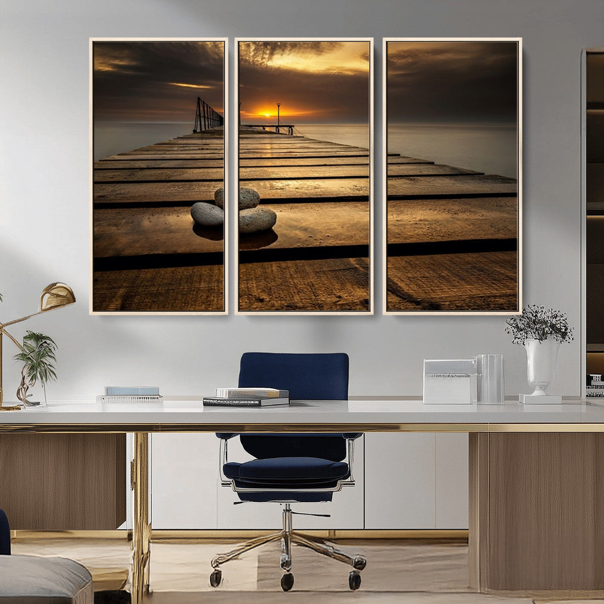 Stones on Wooden Pier at Sunset Canvas Print, Serene Coastal