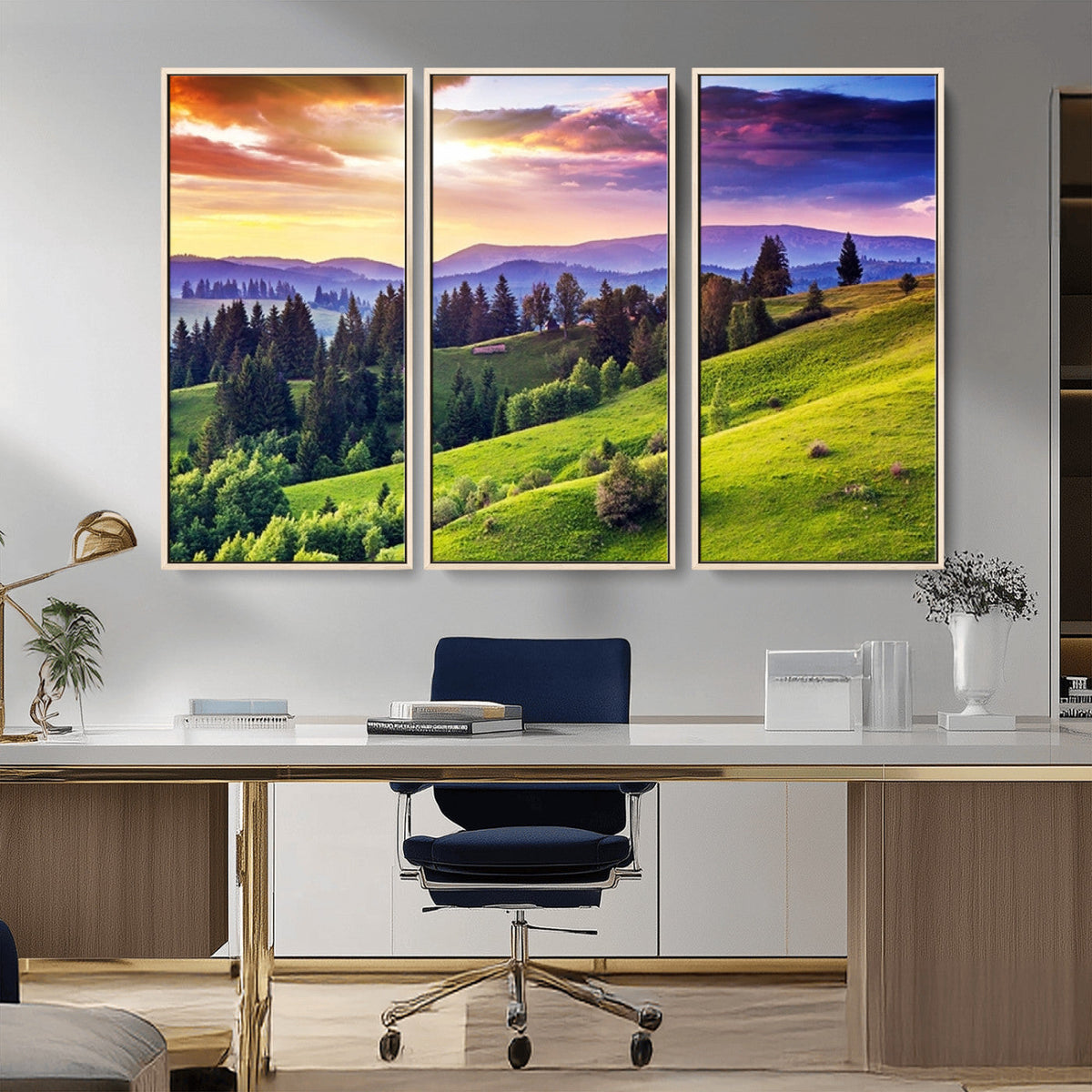 Green Hills and Sunset Wall Art Print - Scenic Landscape