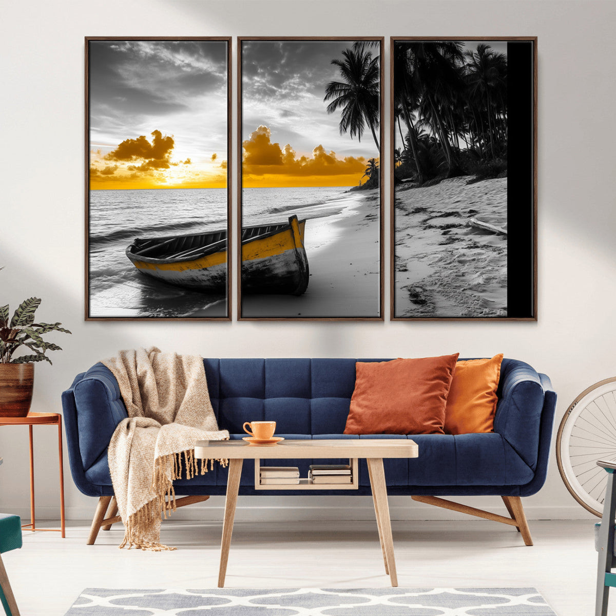 Yellow Rowboat Wall Art – Framed Tropical Shoreline Canvas