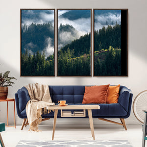 Misty Forest Wall Art Canvas Print, Serene Pine Hills and