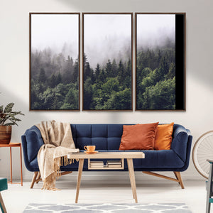 Misty Forest Wall Art Canvas Print, Serene Foggy Pines and
