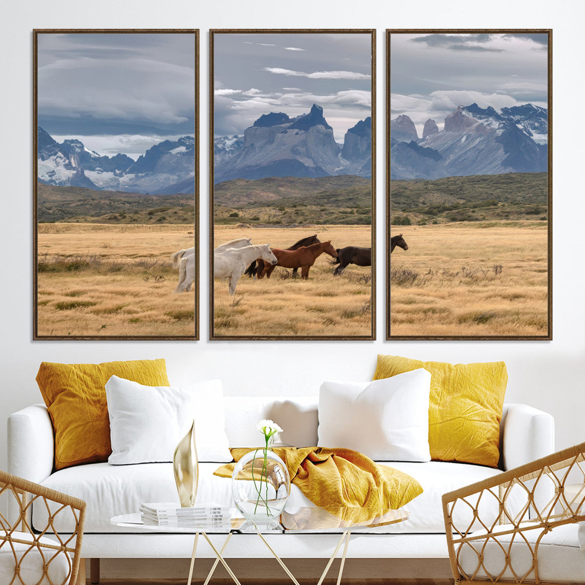 Grand Teton Park Wild Horses Wall Art Canvas Print – Framed