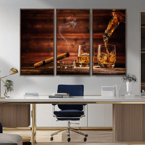 Whiskey and Cigar Wall Art Canvas | 3 Panel Bar Room Decor
