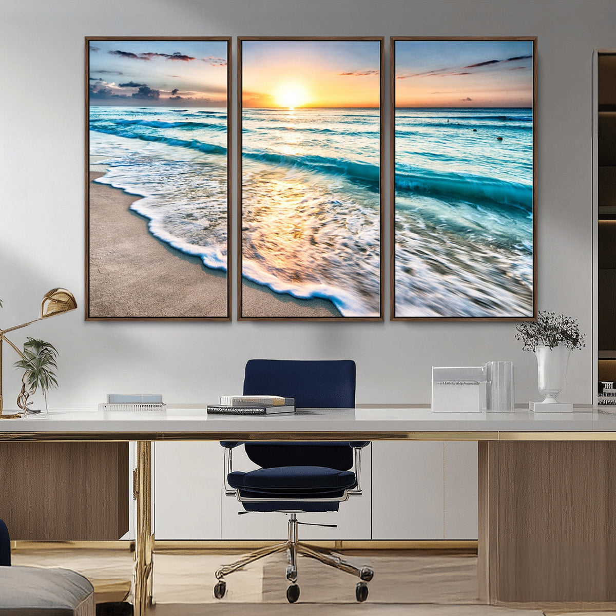 Sunset Beach Waves Canvas Wall Art – 5-Panel Ocean Sunset