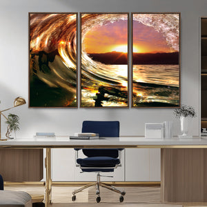 Golden Wave Sunset Triptych Canvas Art, Giclee Canvas Print