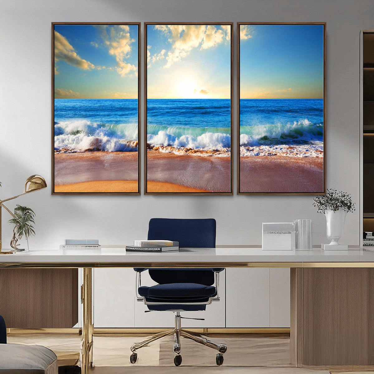 Tropical Beach Sunset Canvas Art, Ocean Waves and Sandy