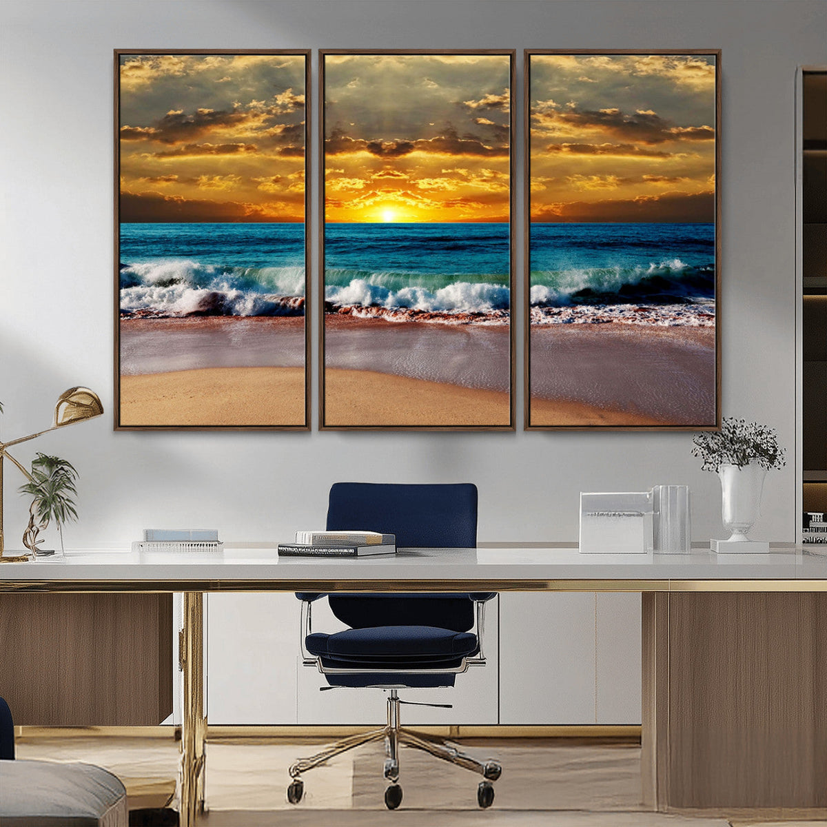 Ocean Sunrise Over Golden Beach Waves, Giclee Canvas Wall