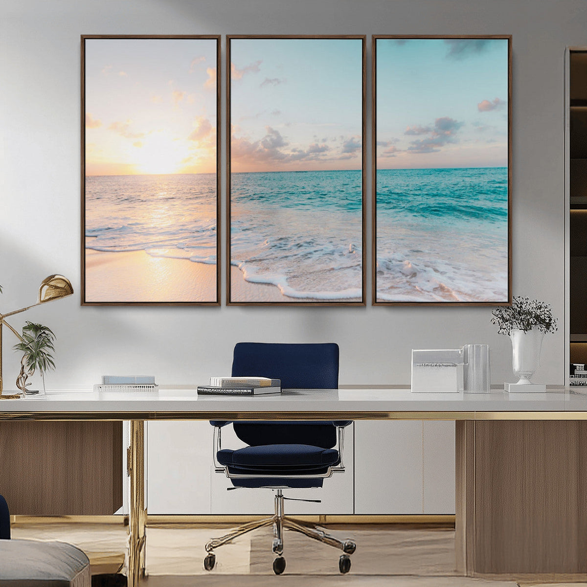 Tranquil Ocean Beach Sunset Canvas Wall Art | 3-Panel