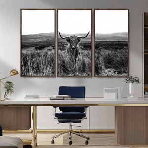 Black and White Highland Cow Canvas Wall Art, Longhorn