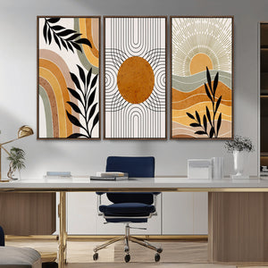 Modern Boho Sun and Leaf Abstract Art – 3-Panel Giclée