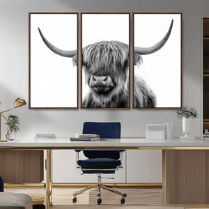 Grayscale Scottish Highland Cow Cattle Art Print Farmhouse