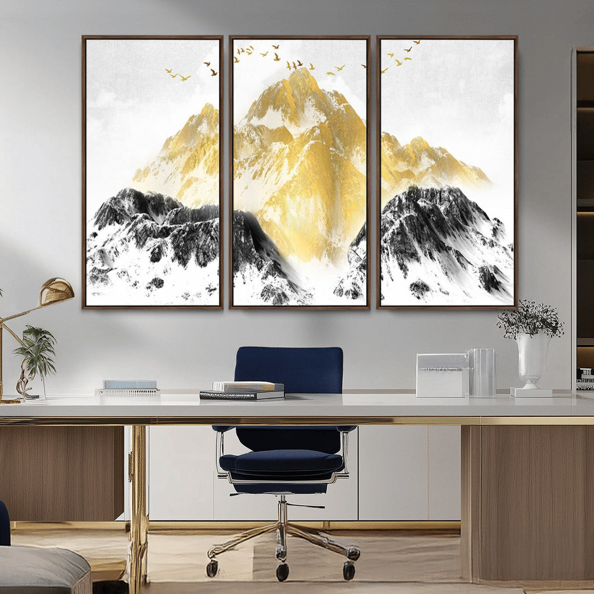 Golden Mountain Triptych Wall Art Canvas Print, Modern