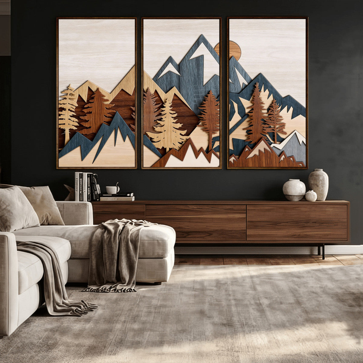 Rustic Abstract Wood Panel Effect Canvas Mountain Range Top