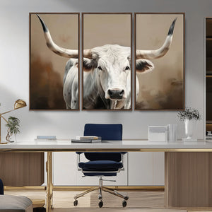 White Longhorn Bull Wall Art Canvas Print – Framed and Ready