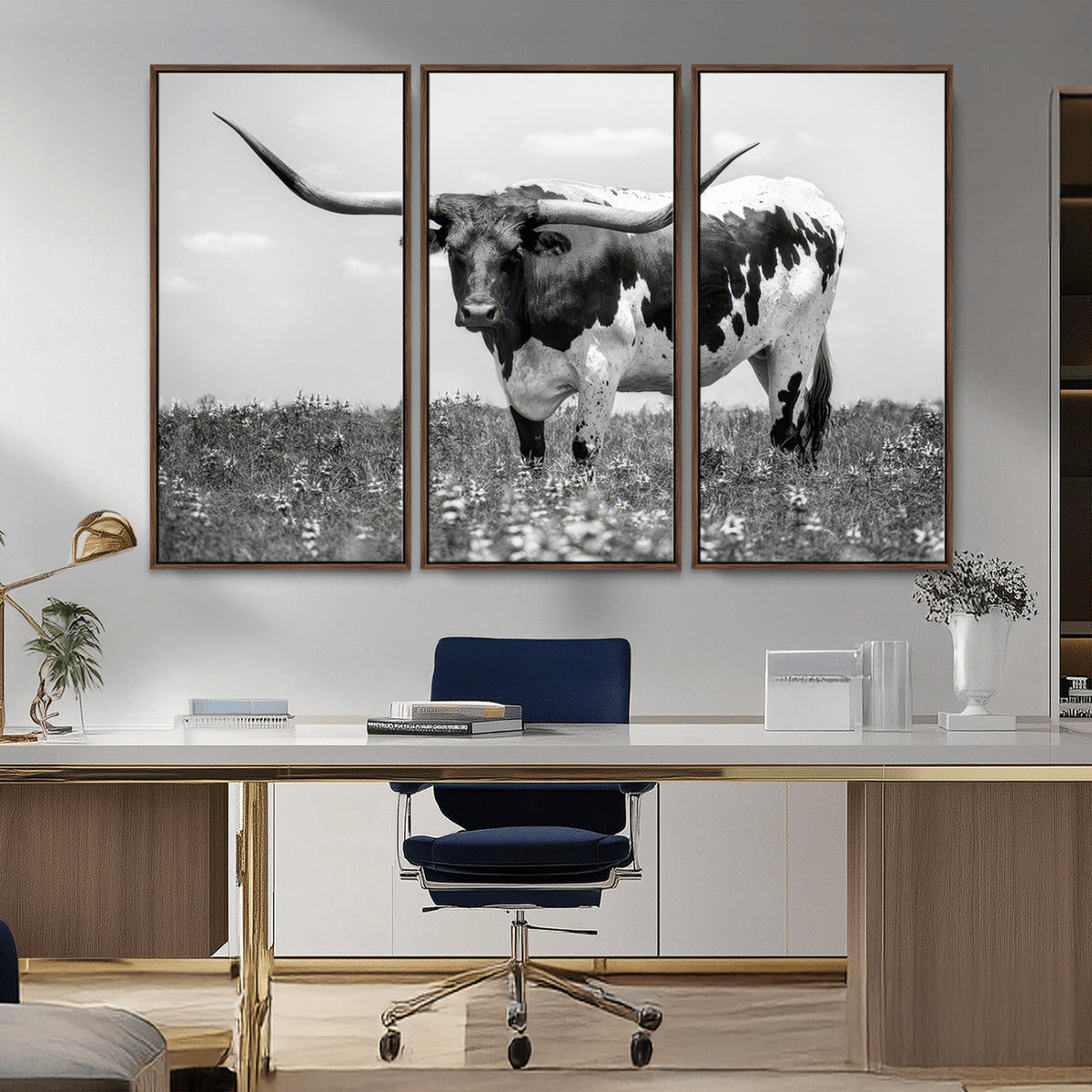 Texas Black White Highland Longhorn Cow Wall Art Canvas