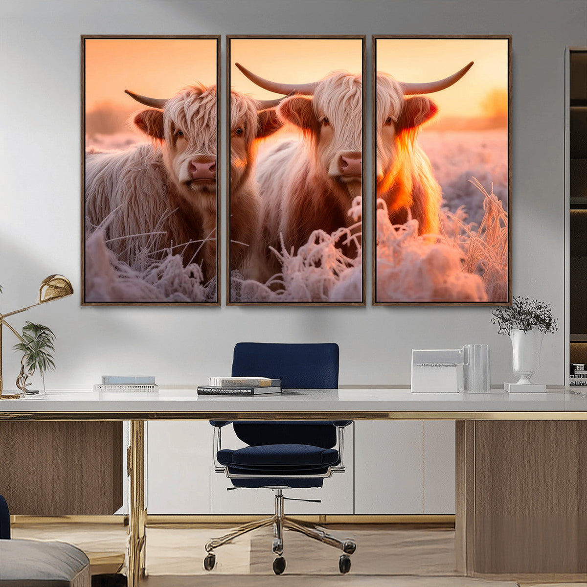 Highland Cows at Sunrise Wall Art Canvas Set – Serene and