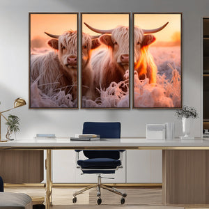 Highland Cows at Sunrise Wall Art Canvas Set – Serene and