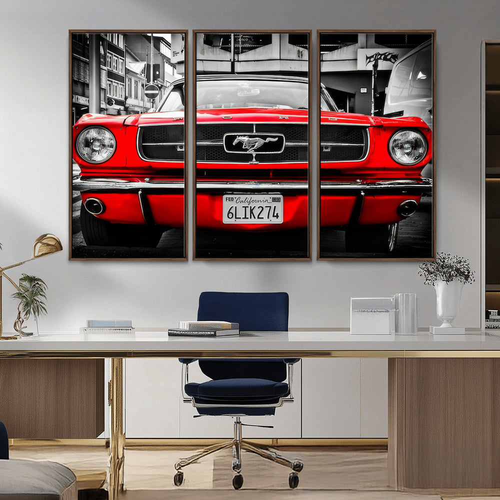 Red Mustang Car Wall Art – Framed Classic Vehicle Canvas