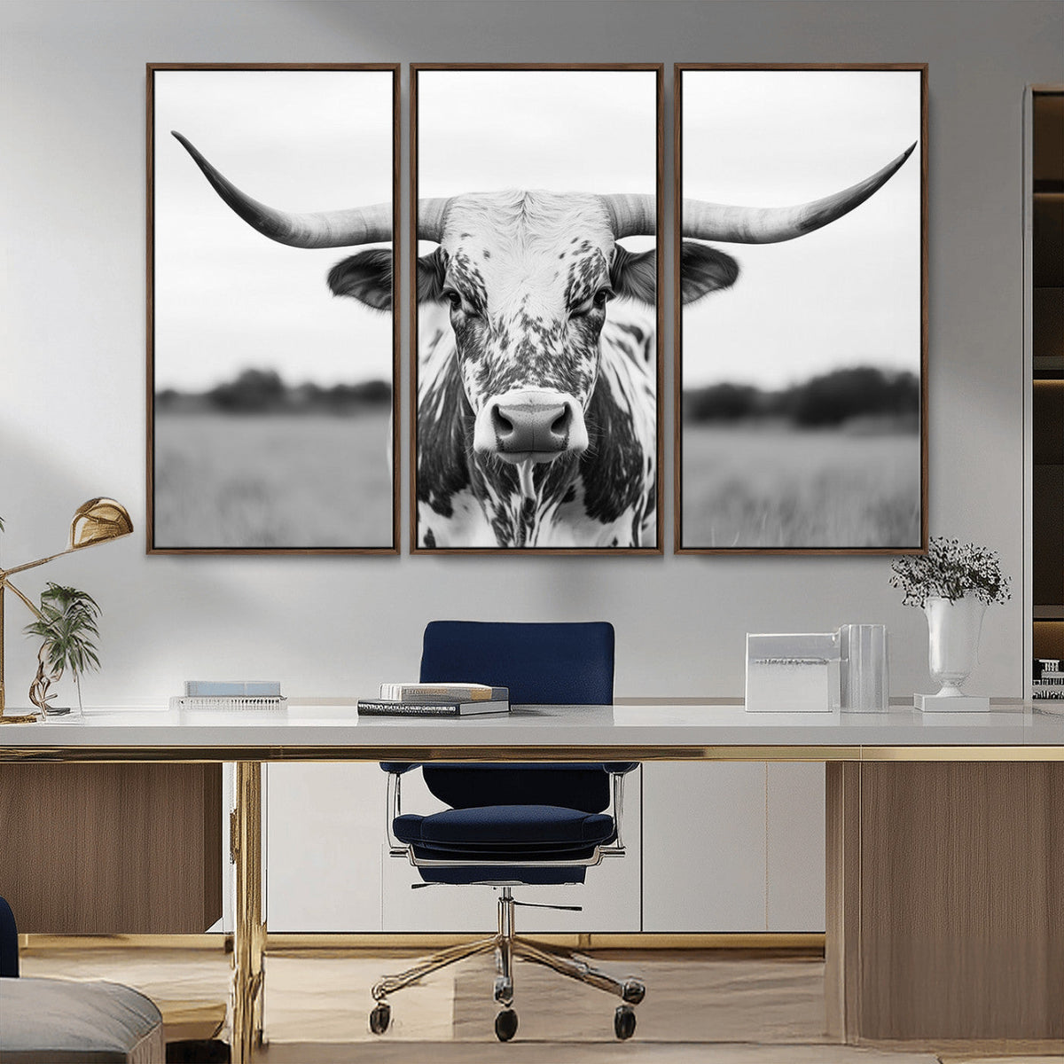 Highland Cow Wall Art Canvas Print – Black and White Western