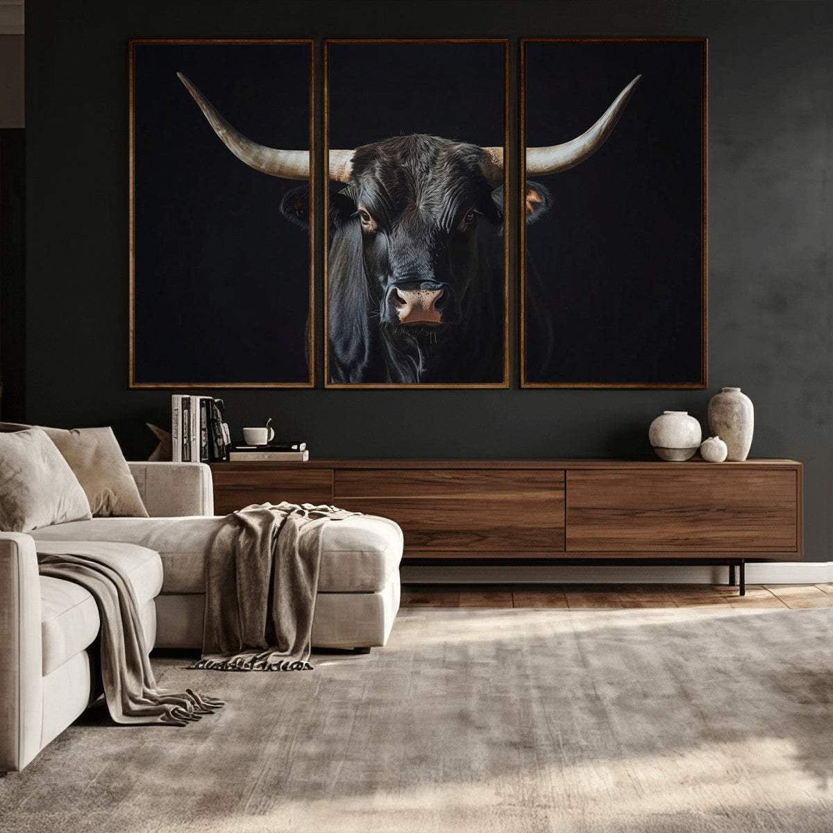 Majestic Longhorn Bull Wall Art Canvas Print – Dark