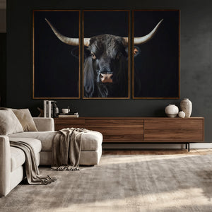 Majestic Longhorn Bull Wall Art Canvas Print – Dark