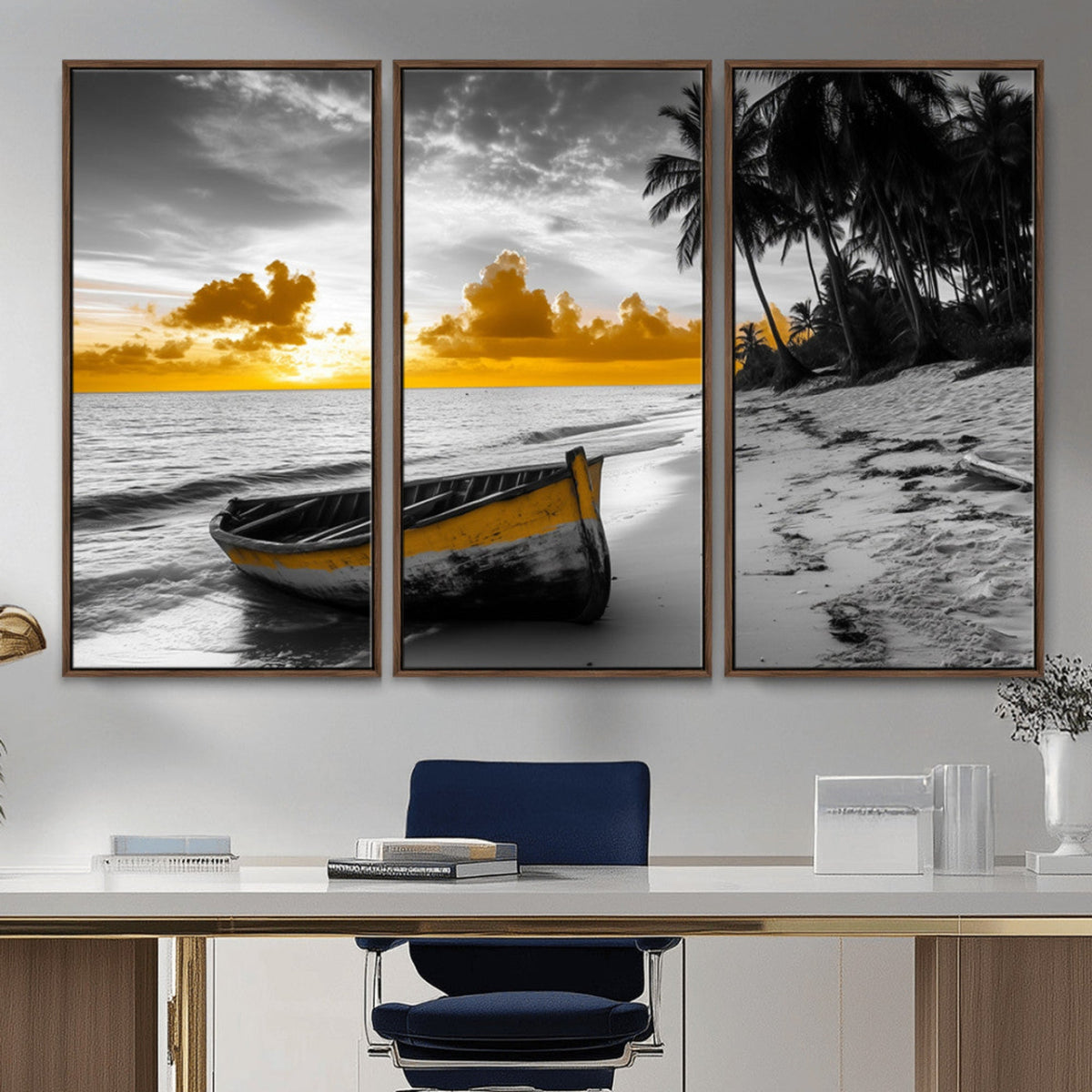 Yellow Rowboat Wall Art – Framed Tropical Shoreline Canvas