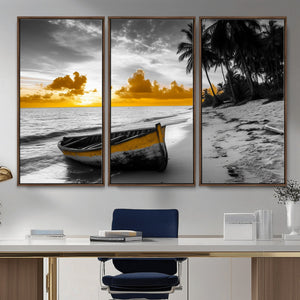 Yellow Rowboat Wall Art – Framed Tropical Shoreline Canvas