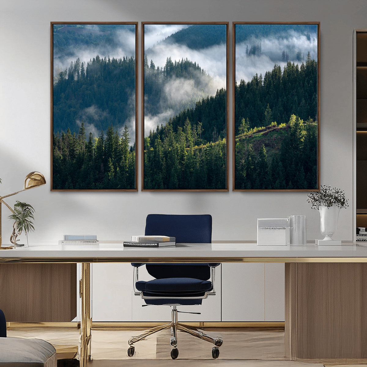Misty Forest Wall Art Canvas Print, Serene Pine Hills and