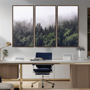 Misty Forest Wall Art Canvas Print, Serene Foggy Pines and