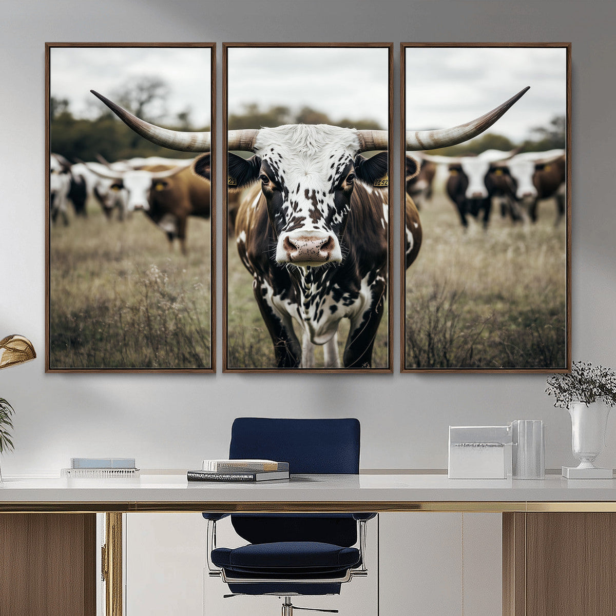 Texas Longhorn Wall Art – Framed Speckled Cow Canvas