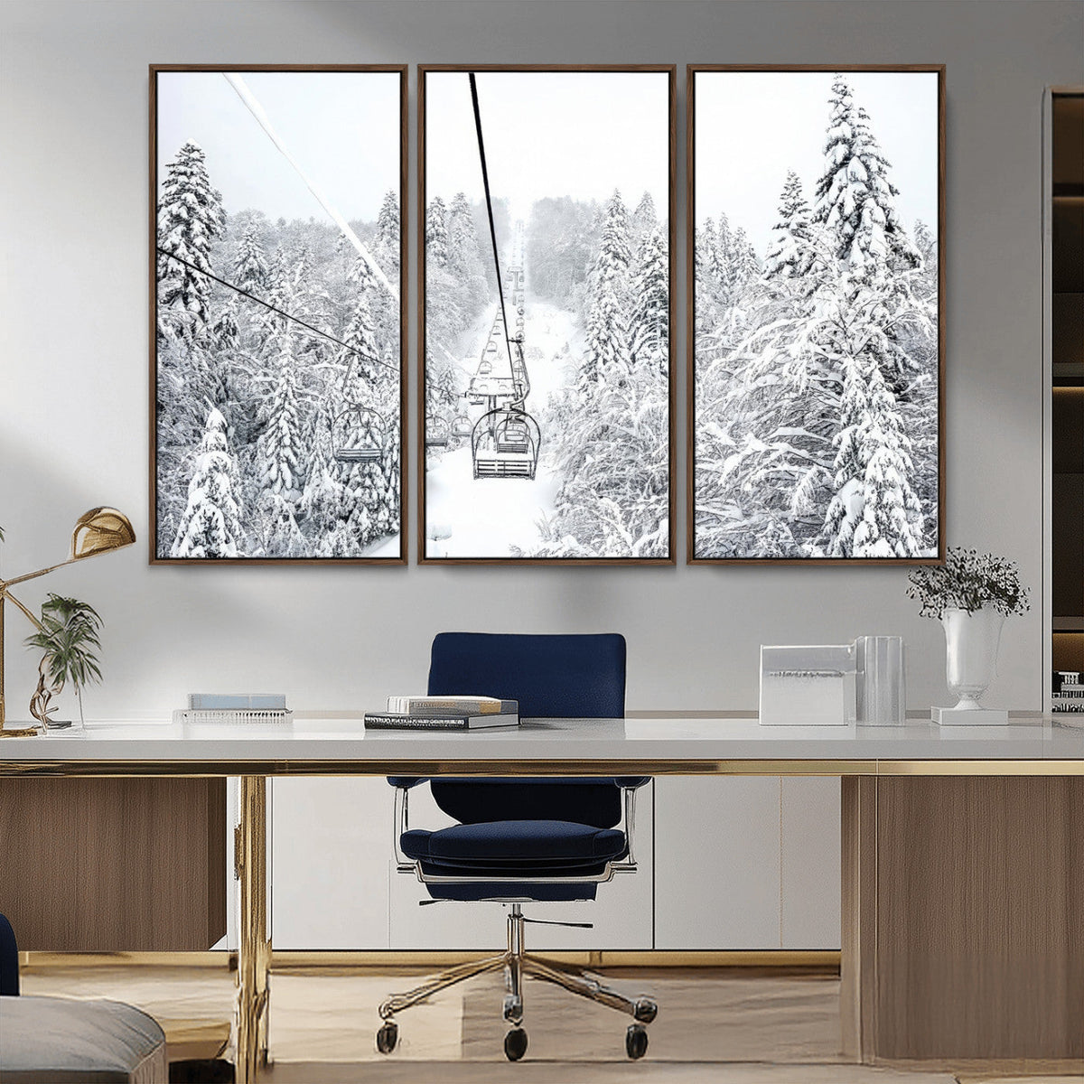 Snowy Ski Lift Wall Art – Framed Winter Mountain Canvas