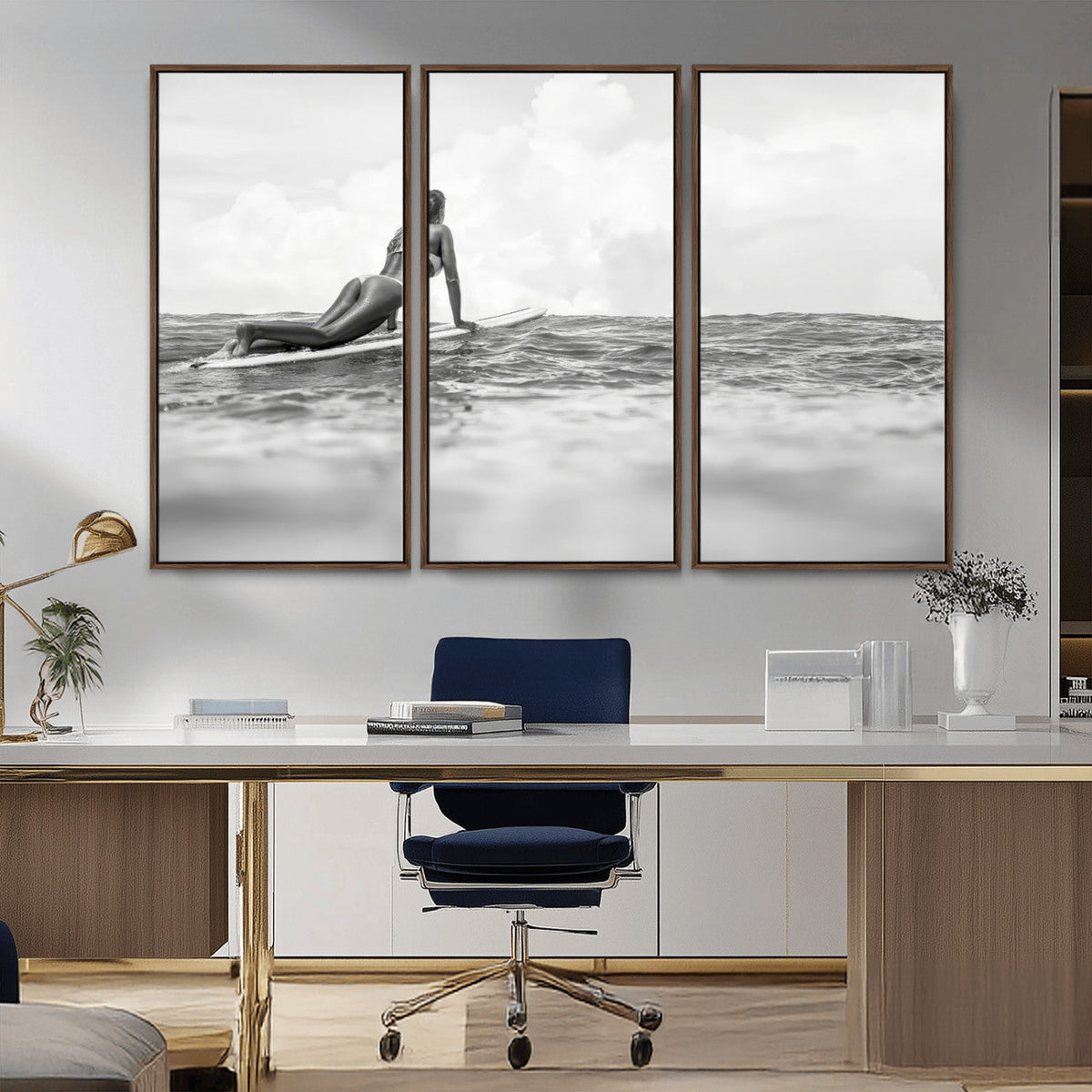 Black and White Surfing Wall Art Canvas Print – Framed Ocean