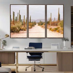 Desert Cactus Lined Road Wall Art Canvas Print – Framed