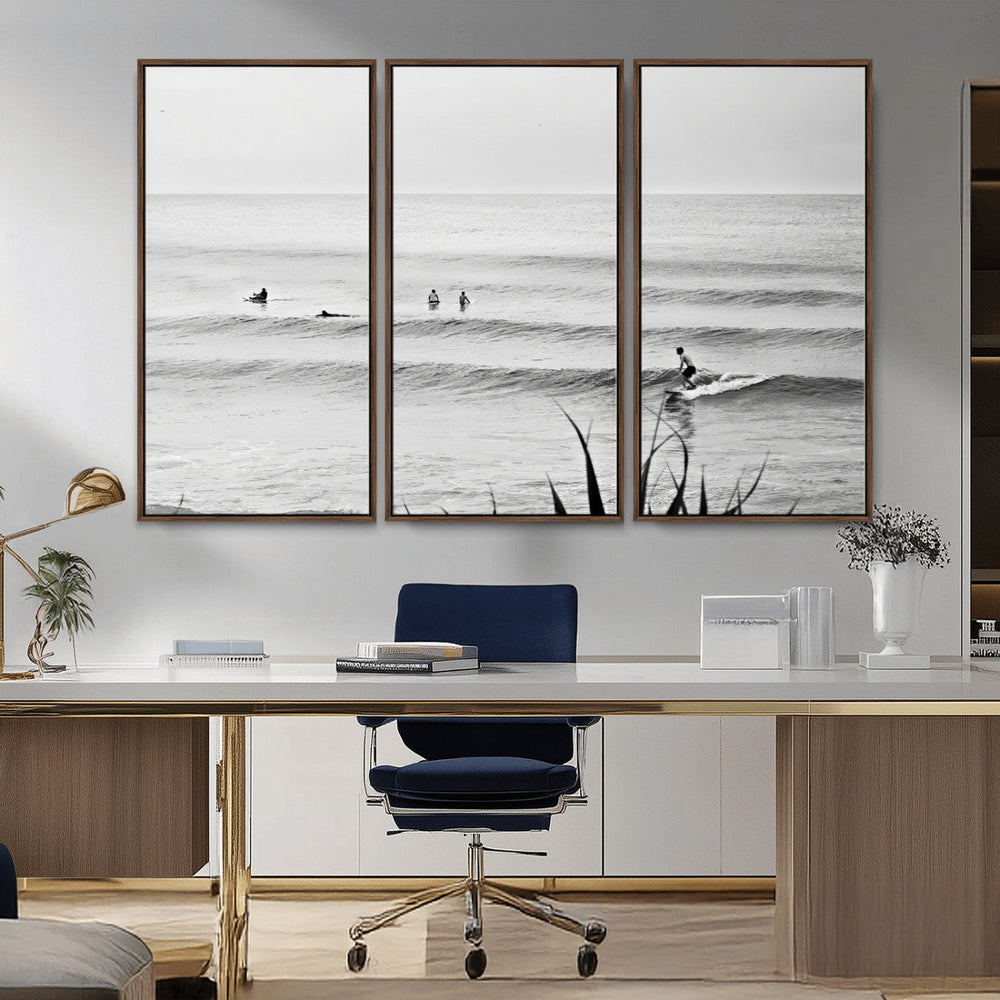 Surfer Silhouette Wall Art – Framed Calm Ocean Canvas