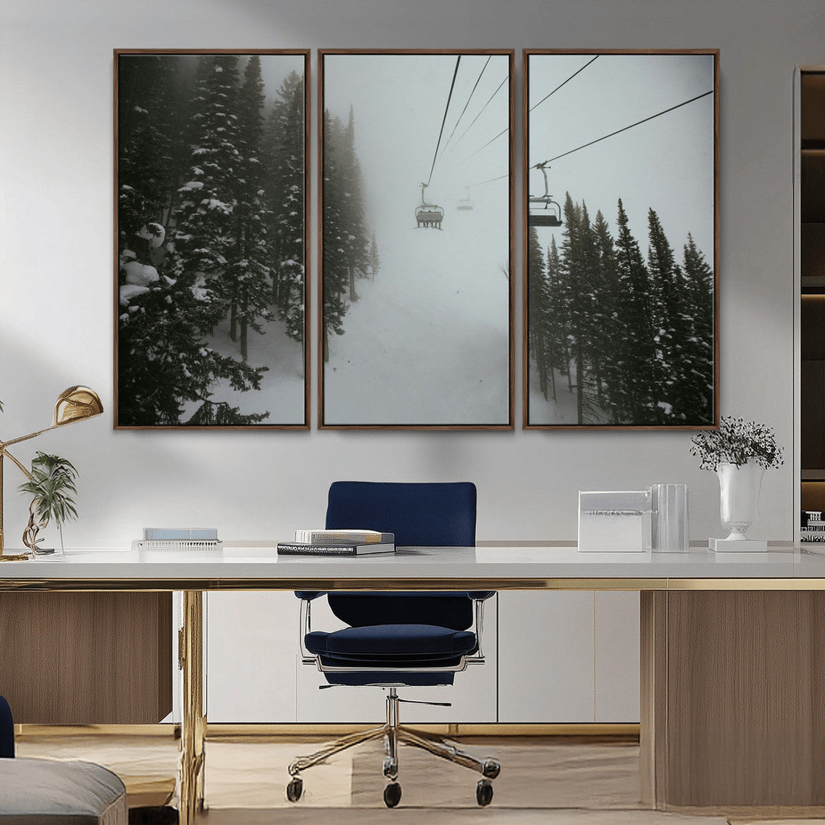Ski Lift Wall Art Canvas Print – Snowy Pines Misty Landscape