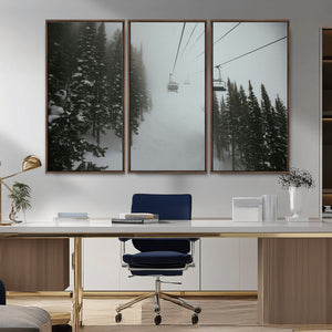 Ski Lift Wall Art Canvas Print – Snowy Pines Misty Landscape