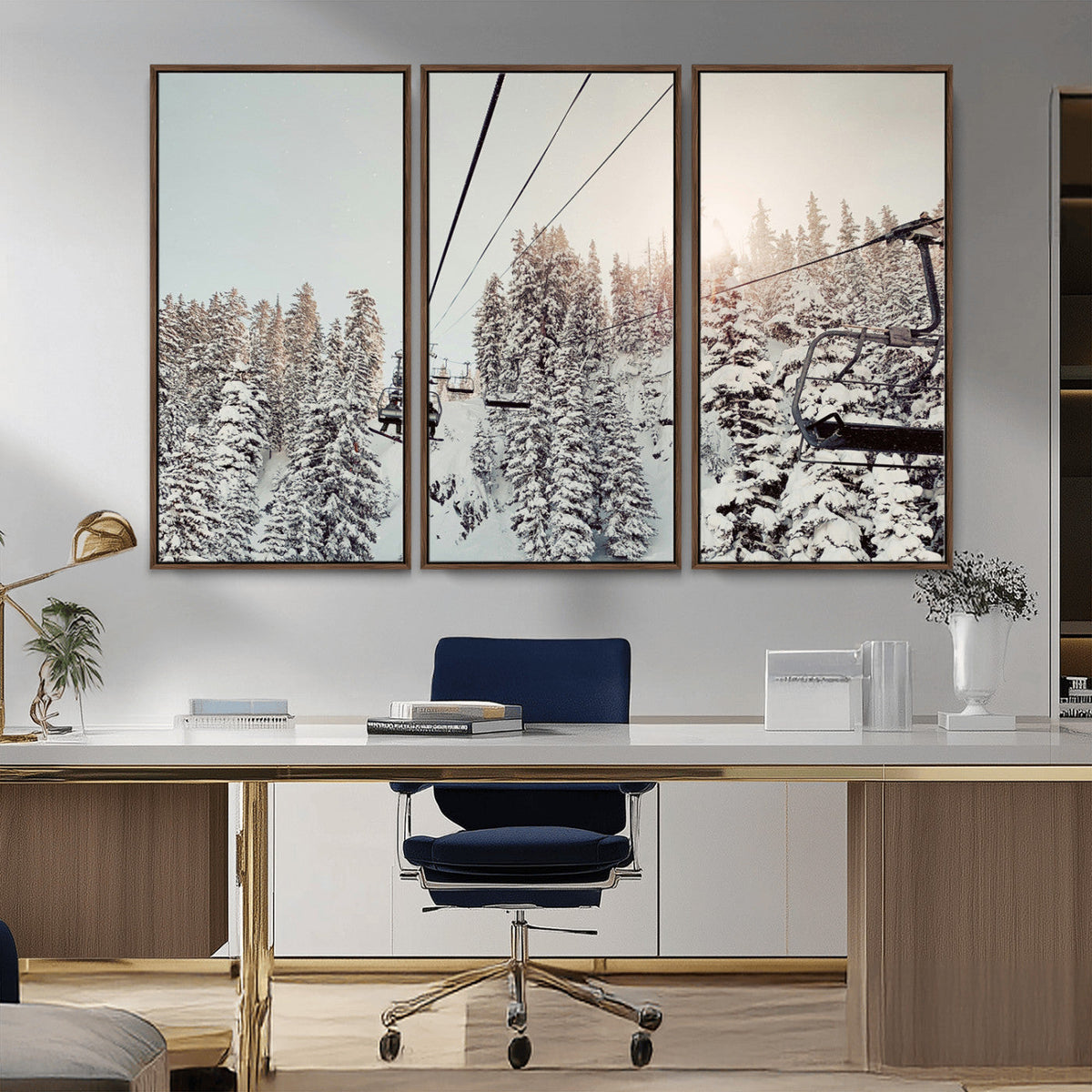 Frosty Pines Wall Art Canvas Print – Framed Cozy Cabin Ski