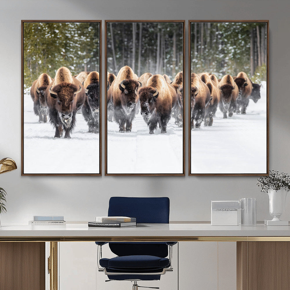 American Bison Herd Wall Art Canvas Print – Powerful Winter