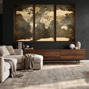 Large Framed Vintage World Map Wall Art Print for Home Wall
