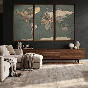 Rustic Black and Wood World Map Canvas Wall Art – Framed