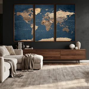 Navy Blue World Map Canvas Print – Framed Travel Map Wall