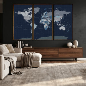 Blue Detailed World Map Wall Art Canvas Print, Modern Framed
